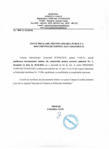 Anunt prealabil privind afisarea publica a documentelor tehnice ale cadastrului